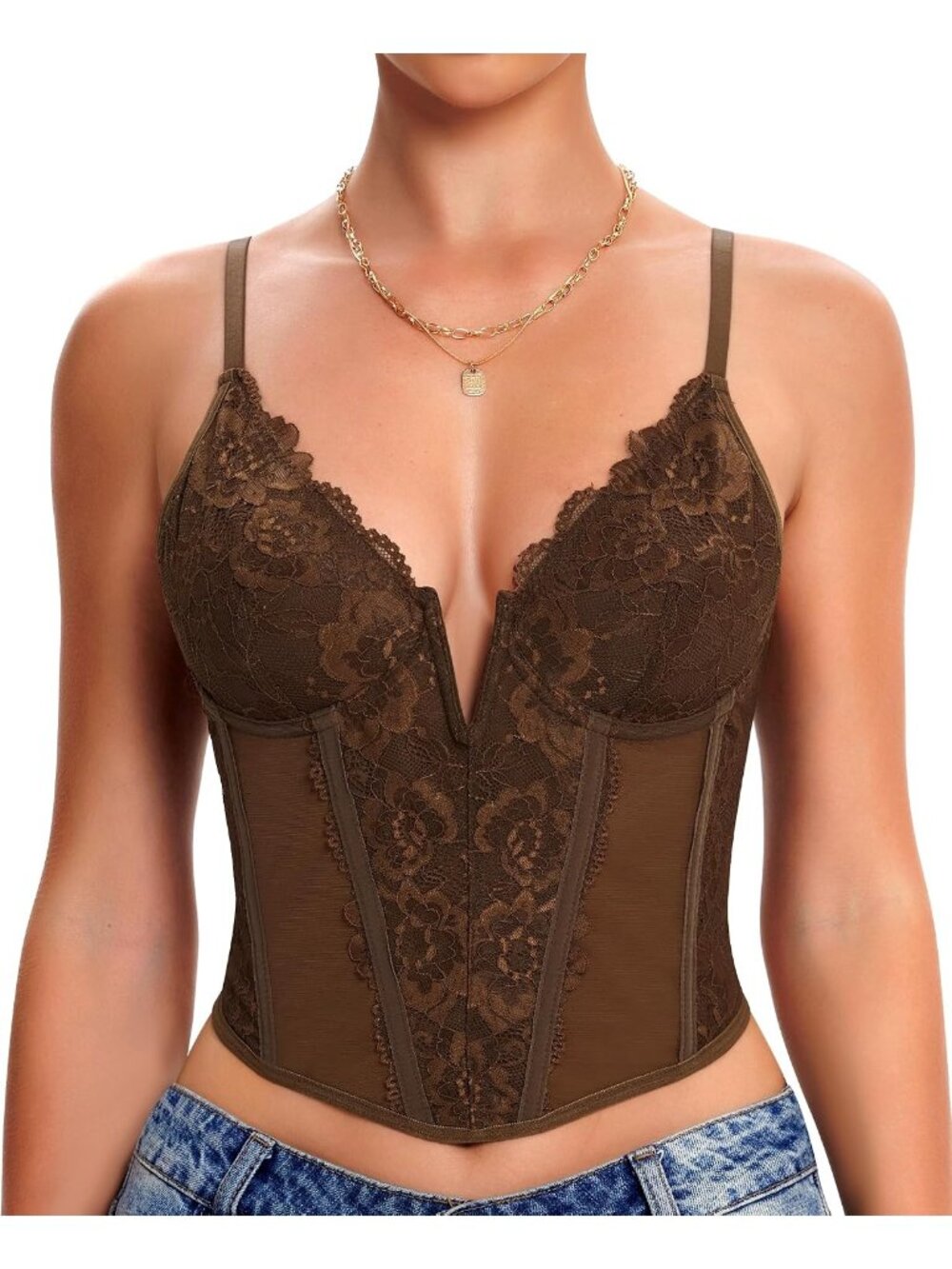 Women's Brown V-neck Boned Bodice 3-row Back Hook Underwire Mesh Lace Corset Top